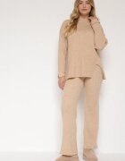 j&x Set Bej cu Bumbac și Lână Pulover cu Nasturi și Pantaloni Drepți Reisadia