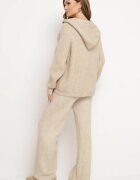 j&x Set bej cu Lână și Bumbac Pantaloni Largi și Bluză Deschisă cu Glugă Reikania