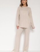 j&x Set Bej deschis cu Bumbac și Lână Pulover cu nasturi și Pantaloni drepți Reisadia