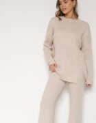 j&x Set Bej deschis cu Bumbac și Lână Pulover cu nasturi și Pantaloni drepți Reisadia