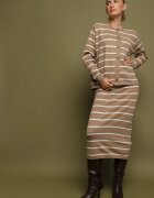 j&x Set Bej din Vâscoză Bluză cu Nasturi și Fustă în Dungi Asirrise