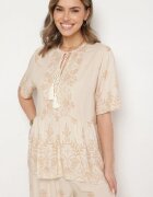 j&x Set Bej Din Viscoză Bluză Cu Legătură și Pantaloni Lunavelia