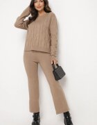 j&x Set Bej închis cu Lână și Bumbac Pulover cu Impletitură și Pantaloni Largi Reinettia