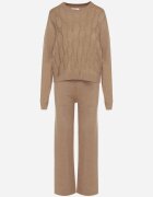 j&x Set Bej închis cu Lână și Bumbac Pulover cu Impletitură și Pantaloni Largi Reinettia