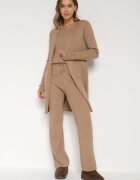j&x Set Bej închis Tricotat cu Bumbac Pantaloni Vestă și Cardigan Lung Meviravia