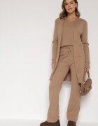 j&x Set Bej închis Tricotat cu Bumbac Pantaloni Vestă și Cardigan Lung Meviravia