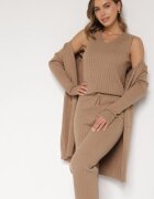 j&x Set Bej închis Tricotat cu Bumbac Pantaloni Vestă și Cardigan Lung Meviravia