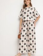 j&x Set Bej-Negru din Viscoză cu Model cu Palmieri Pantaloni Largi și Tricou Zivendra