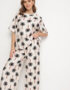 j&x Set Bej-Negru din Viscoză cu Model cu Palmieri Pantaloni Largi și Tricou Zivendra
