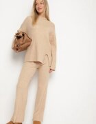 j&x Set Bej Tricotat cu Lână și Bumbac Pulover cu nasturi și Pantaloni Lanadia