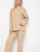 j&x Set Bej Tricotat cu Lână și Bumbac Pulover cu nasturi și Pantaloni Lanadia