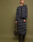 j&x Set Bleumarin din Vâscoză Bluză cu Nasturi și Fustă cu Dungi Asirrise