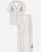 j&x Set de vară din viscoză cămașă și pantaloni cu aplicații croșetate Prisesa Alb
