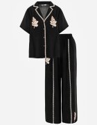 j&x Set de vară din viscoză cămașă și pantaloni cu aplicații croșetate Prisesa Negru