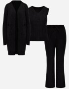j&x Set din tricot cu bumbac 3 piese: cardigan pantaloni și vestă Vordelia Negru