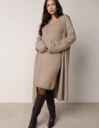 j&x Set din tricot cu bumbac și lână: cardigan și rochie dreaptă cu decolteu în V Ubroa Bej Bej