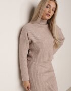 j&x Set din tricot cu dungi bumbac și lână asortat: rochie și cu guler înalt Miorra Bej închis