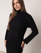 j&x Set din tricot cu dungi bumbac și lână asortat: rochie și cu guler înalt Miorra Negru