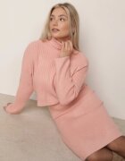 j&x Set din tricot cu dungi bumbac și lână asortat: rochie și cu guler înalt Miorra Roz