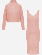 j&x Set din tricot cu dungi bumbac și lână asortat: rochie și cu guler înalt Miorra Roz
