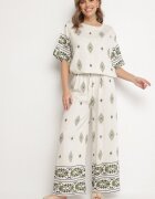 j&x Set din viscoză bej și verde închis în Stil Boho cu Pantaloni largi și Bluză tricou Sarilorae