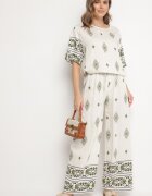 j&x Set din viscoză bej și verde închis în Stil Boho cu Pantaloni largi și Bluză tricou Sarilorae