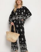 j&x Set Negru în Stil Rustic Bluză Lejeră și Pantaloni din Viscoză Emilaris