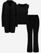 j&x Set Negru Tricotat din Bumbac Pantaloni Vestă și Cardigan Lung Meviravia