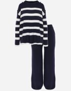 j&x Set tricot cu bumbac pulover în dungi cu nasturi decorativi și pantaloni Tiuves Bleumarin