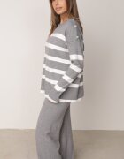 j&x Set tricot cu bumbac pulover în dungi cu nasturi decorativi și pantaloni Tiuves Gri