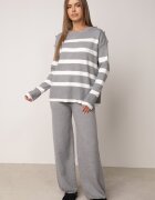 j&x Set tricot cu bumbac pulover în dungi cu nasturi decorativi și pantaloni Tiuves Gri