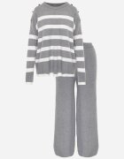j&x Set tricot cu bumbac pulover în dungi cu nasturi decorativi și pantaloni Tiuves Gri