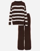 j&x Set tricot cu bumbac pulover în dungi cu nasturi decorativi și pantaloni Tiuves Maro