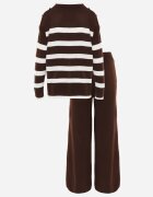 j&x Set tricot cu bumbac pulover în dungi cu nasturi decorativi și pantaloni Tiuves Maro