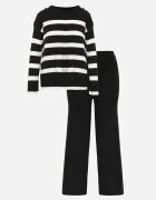 j&x Set tricot cu bumbac pulover în dungi cu nasturi decorativi și pantaloni Tiuves Negru