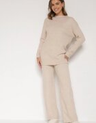 j&x Set tricotat Bej cu bumbac și lână Pulover lung și Pantaloni largi Reinesa