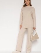 j&x Set tricotat Bej cu bumbac și lână Pulover lung și Pantaloni largi Reinesa