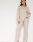 j&x Set tricotat bej deschis cu bumbac și lână pantaloni și pulover cu torsade Errela