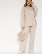 j&x Set tricotat bej deschis cu bumbac și lână pantaloni și pulover cu torsade Errela