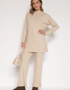 j&x Set Tricotat Bej Reiat cu Bumbac Pulover cu Semiguler și Pantaloni Elweda