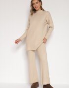 j&x Set Tricotat Bej Reiat cu Bumbac Pulover cu Semiguler și Pantaloni Elweda