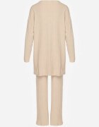 j&x Set Tricotat Bej Reiat cu Bumbac Pulover cu Semiguler și Pantaloni Elweda