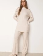 j&x Set tricotat cu nervuri din bumbac Moraga: tunică-sweater și pantaloni Bej