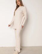 j&x Set tricotat cu nervuri din bumbac Moraga: tunică-sweater și pantaloni Bej