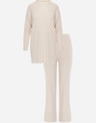j&x Set tricotat cu nervuri din bumbac Moraga: tunică-sweater și pantaloni Bej