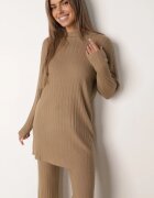 j&x Set tricotat cu nervuri din bumbac Moraga: tunică-sweater și pantaloni Maro