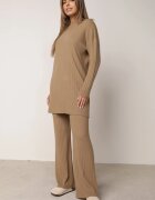 j&x Set tricotat cu nervuri din bumbac Moraga: tunică-sweater și pantaloni Maro