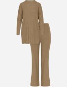 j&x Set tricotat cu nervuri din bumbac Moraga: tunică-sweater și pantaloni Maro