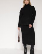 j&x Set Tricotat Negru cu Lână Pulover cu Guler înalt și Fustă Creion Falovira