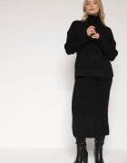j&x Set Tricotat Negru cu Lână Pulover cu Guler înalt și Fustă Creion Falovira